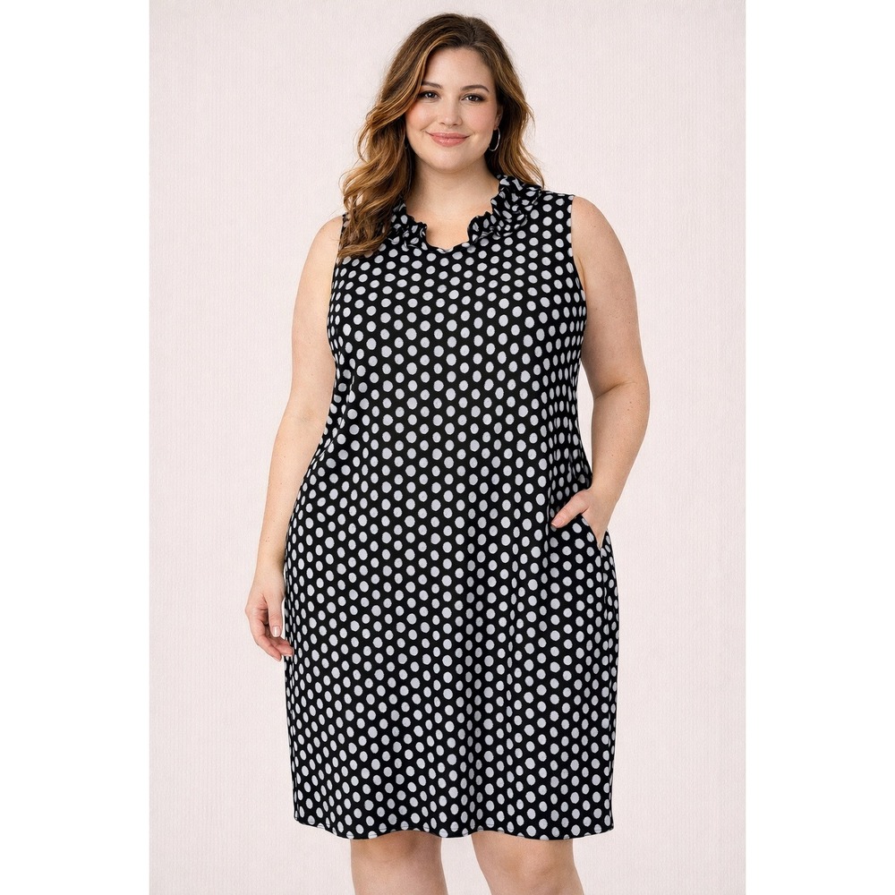 Sleeveless Black and White Polka Dot Ruffle-Neck Dress